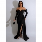 Women's solid color pleated backless slit long dress C6797