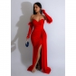 Women's solid color pleated backless slit long dress C6797