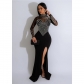 Women's solid color mesh hot diamond split long skirt dress C6825