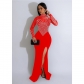 Women's solid color mesh hot diamond split long skirt dress C6825