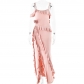 Solid color backless split splicing suspender long skirt FDC0596