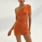 Spliced slanted shoulder hollowed out perspective solid color sexy knitted dress D2120