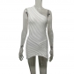 Spliced slanted shoulder hollowed out perspective solid color sexy knitted dress D2120