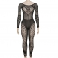 Round neck long sleeved sexy mesh perspective pants jumpsuit W200JP