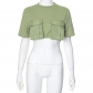 Round neck short sleeved workwear pocket ultra short T-shirt top K23TP627