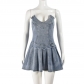 Wrapped chest sexy spicy girl French pleated V-neck denim dress 51024DHD