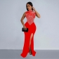 Women's solid color mesh hot diamond sleeveless long dress dress C6913